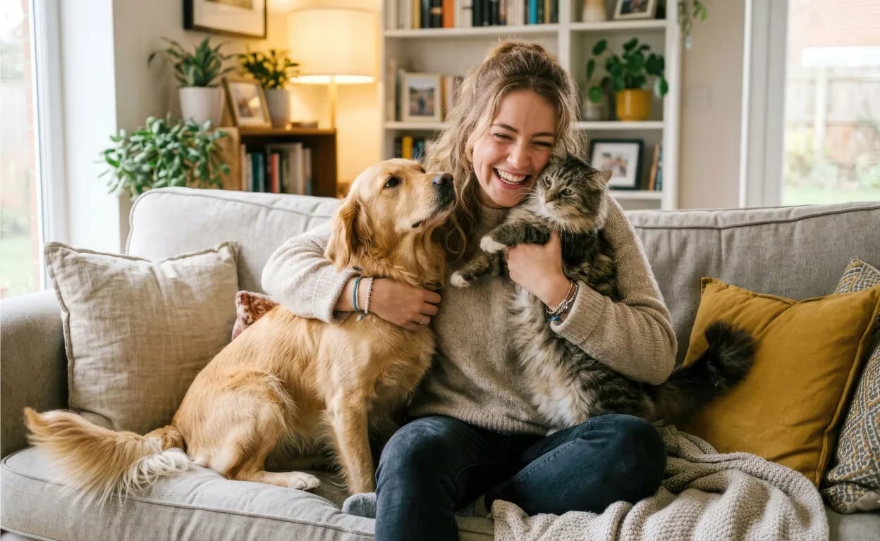 Laughing woman on a sofa hugging a golden retriever and a long-haired cat